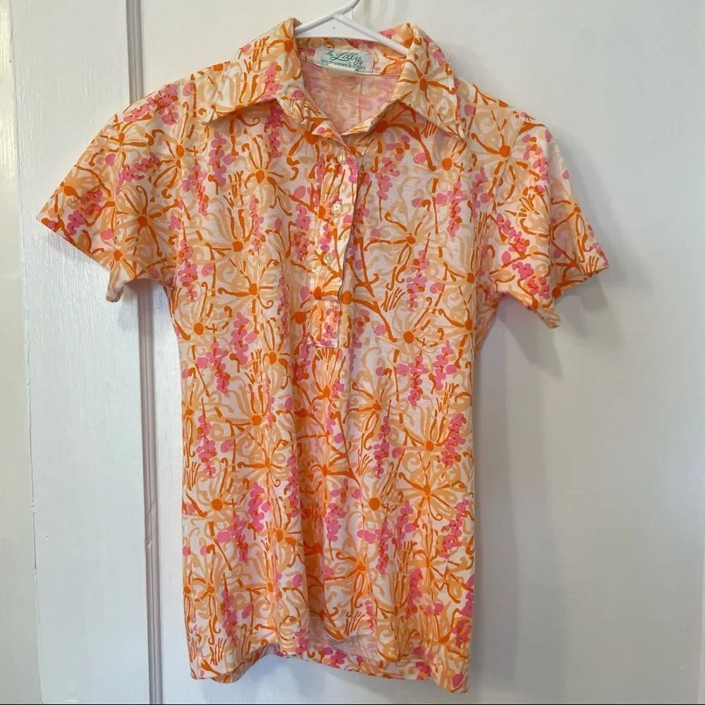 Lilly Pulitzer Vintage “The Lilly” Cotton Knit Polo Peach Octopus Print Retro - Picture 1 of 4